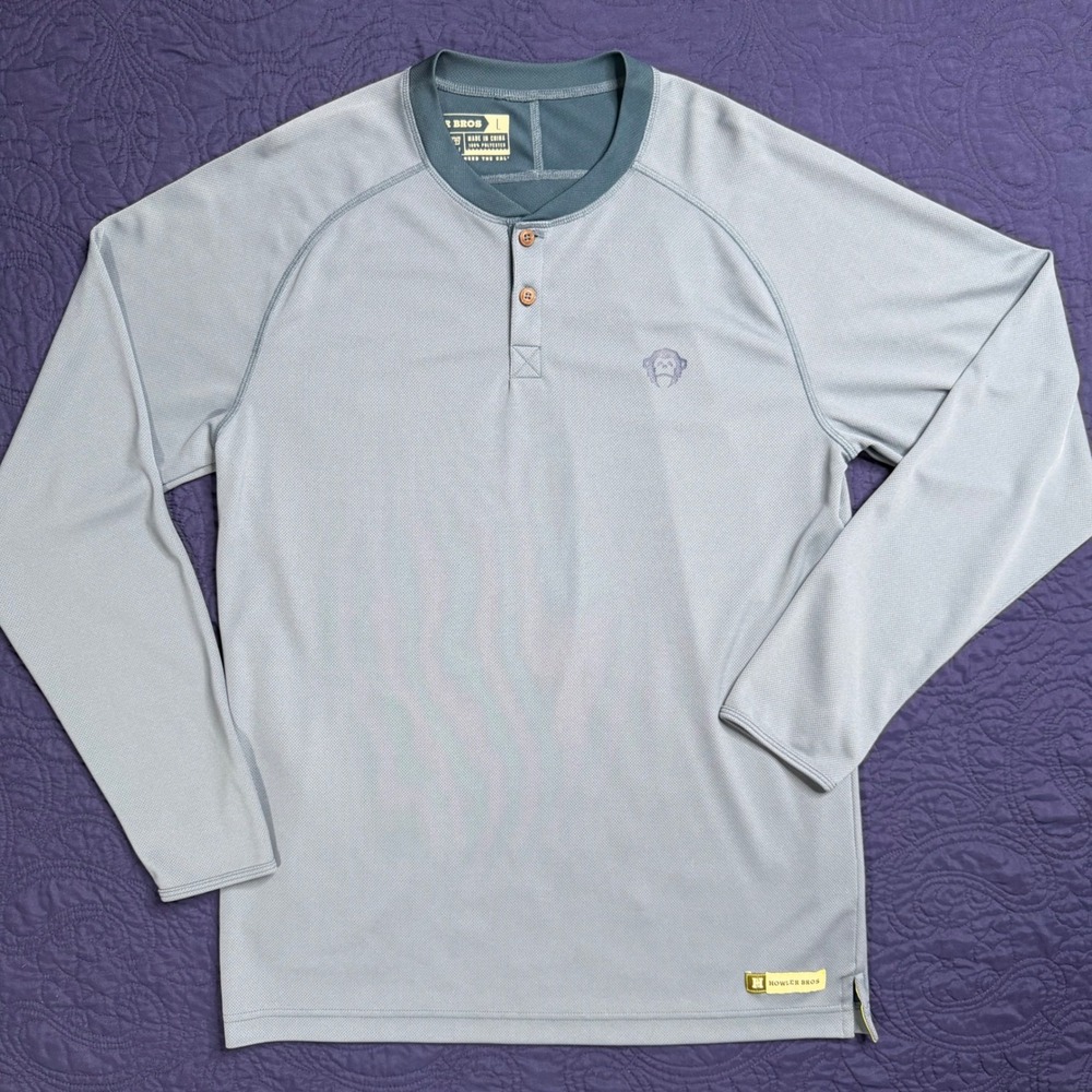 Howler Bros Mens Large Grey Long Sleeve Henley Technical Mesh Shirt Thumbholes